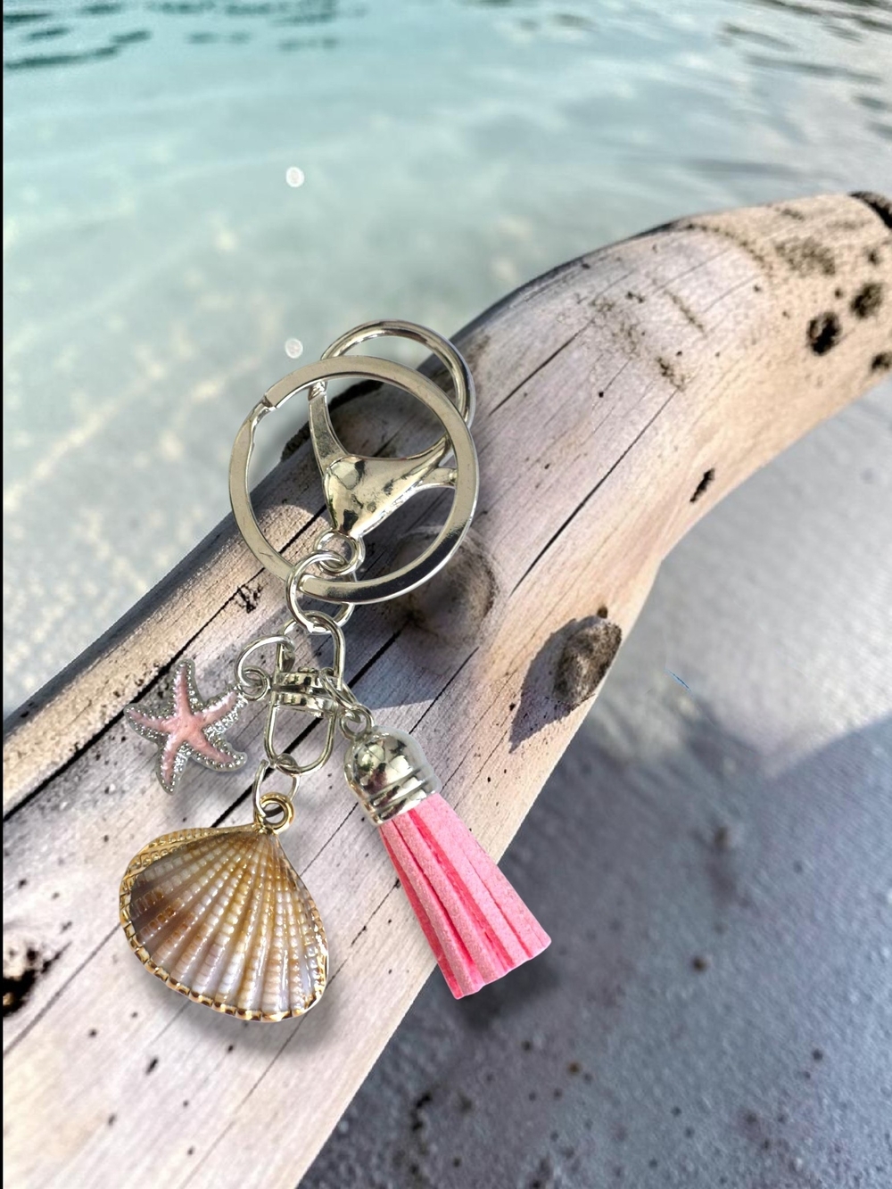 Coastal Bag Charm / Keychain with Pink Starfish & Tassel
